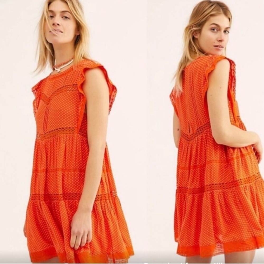 Free People Retro Kitty crochet trim dress in tangerine orange, Sz M